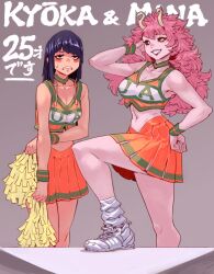 2girls aged_up archvermin athletic_female black_sclera blue_hair blush breasts cheerleader_uniform choker cleavage collarbone confident curly_hair embarrassed english_text exposed_midriff horn kyoka_jiro large_breasts long_hair messy_hair mina_ashido my_hero_academia pink_hair pink_skin pom_poms short_skirt simple_background thick_thighs toned toned_female toned_stomach