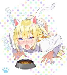 1boy all_fours animal_ears ass bishounen blonde_hair blonde_hair_male blue_eyes blush bowl cat_ears cat_tail catboy commentary_request drool drooling fang femboy fingernails food full_body hair_between_eyes highres long_hair looking_at_viewer male male_focus male_only mama_(marui_shiro) marui_shiro mouth_fang naked_shirt oerba_yun_fang open_mouth original otoko_no_ko pet_bowl saliva sharp_fingernails shirt shirt_only simple_background solo solo_focus solo_male sweatdrop tail tongue trap twink very_long_hair very_long_hair_male white_background yellow_hair