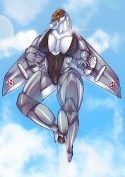 aeromorph aircraft anthro bodysuit breasts catniped clothing cloud grey_body leotard living_aircraft living_machine machine missile orange_eyes weapon wings