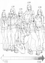 8girls big_breasts black_and_white curly_hair female female_focus female_only full_body fully_clothed heels huge_breasts long_hair looking_at_viewer medium_breasts milf older_female short_hair short_shorts shorts simple_background sitting sketch small_breasts standing straight_hair tall_female thick_thighs tky_(kou_taku) white_background younger_female