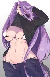 barlunn before_sex big_breasts breasts fate/grand_order fate/stay_night fate_(series) glasses gorgon_(fate) hair_between_eyes hand_on_head imminent_sex long_hair medusa_(fate) panties pants_down purple_hair seductive shirt_in_mouth shirt_lift shirt_pull shirt_up undressing