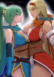 2girls alternate_costume armpits asymmetrical_docking bangs bare_shoulders beauty_mark blonde_female blonde_hair blush breast_press breast_to_breast breasts brown_cape cape cleavage dark-skinned_female dark_skin detached_sleeves dress earrings elbow_gloves eye_contact female female_only fingerless_gloves fire_emblem fire_emblem:_the_binding_blade fire_emblem:_the_blazing_blade fire_emblem_heroes gameplay_mechanics glaring gloves green_eyes green_hair headband high_ponytail highres holding_shuriken huge_breasts igrene_(fire_emblem) igrene_(ninja)_(fire_emblem) jewelry kunoichi large_breasts lightning_glare lightning_stare long_hair looking_at_another looking_down looking_up lyn_(fire_emblem) lyn_(ninja)_(fire_emblem) medium_breasts mole mole_under_eye multiple_girls ninja nintendo official_alternate_costume pelvic_curtain ponytail red_dress red_headband rope_belt sarashi scarf shuriken_hair_ornament side_slit simple_background spark stare_down stats thighs very_long_hair vialnite weapon yellow_eyes