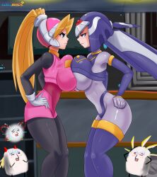 2girls armor asymmetrical_docking blonde_hair blue_eyes ciel_(mega_man) copy_x cyber-elves fairy_leviathan female headgear helmet ichduhernz large_breasts mega_man mega_man_zero ponytail robot_girl tagme x_(mega_man) zero_(mega_man)