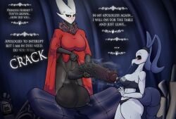 1futa 1girls arthropod balls barbed_penis big_balls big_breasts big_penis black_body blush bottomless breasts broken_table cape cloak clothed clothing cock_shock detailed_background dialogue female futanari gigantic_penis gigantic_testicles half-erect heavy_balls hollow_knight hornet_(hollow_knight) huge_balls huge_cock humanoid humanoid_penis hyper_balls hyper_penis intersex iselda_(hollow_knight) large_breasts mostly_nude onomatopoeia partially_clothed penis penis_awe penis_out penis_sounds piekiller5 precum red_cape size_difference spiked_penis spikes spikes_(anatomy) steam steamy_penis table text text_bubble white_pupils