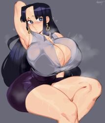 1girls absurd_res arm_behind_head armpit black_hair blush boa_hancock bra breasts button_gap cleavage earrings female female_only hi_res large_breasts long_hair looking_at_viewer nezulet one_piece see-through skirt solo sweat thick_thighs thighs wide_hips