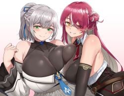 2girls blush braid breast_press breasts cho!cho! green_eyes hair_bun heterochromia hololive hololive_fantasy hololive_japan houshou_marine huge_breasts magenta_hair ponytail shirogane_noel silver_hair smile two_tone_hair virtual_youtuber white_background