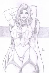 ass big_breasts black_and_white bob_cut breasts bubble_butt cape cleavage corset dat_ass elbow_gloves emma_frost hands_behind_head hellfire_club homero_ricardo marvel marvel_comics panties thick_thighs thighhighs thong thong_panties white_queen x-men