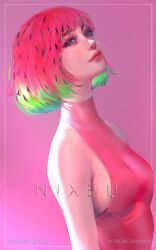 nixeu petite pink_clothing pink_hair pink_skin sideboob tanktop watermelon