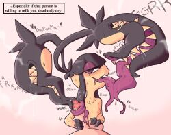 anthro athletic_female ball_fondling balls bangs black_hair bodily_fluids breasts dialogue drooling duo fellatio female fondling genitals hair handjob hi_res human human_penetrating humanoid licking light-skinned_male long_tongue male male/female mawile mega_mawile multi_mouth nintendo oral penile pokemon pokemon_(species) pokemon_focus ponporio_(artist) purple_eyes saliva seductive sex sharp_teeth small_breasts teeth tongue tongue_out tonguejob video_games