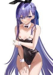 bare_shoulders blue_eyes blush breasts bunny_girl bunnysuit fate/grand_order fate_(series) kesoshirou long_hair looking_at_viewer meltlilith nipples purple_hair simple_background white_background wrist_cuffs