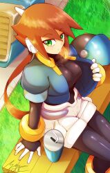 1girls aile big_breasts bodysuit brown_hair clothed green_eyes mega_man mega_man_zx mega_man_zx_advent open_clothes shoutaro_saito steam tagme