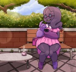 anthro banette bench blue_eyes brahkest breasts clothing coffee coffee_mug female flower ghost glasses living_doll on_phone park_bench pink_dress plant pokemon pokemon_species purse sfw table tree