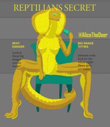 alicethedeer anthro anthro_only big_breasts blue_eyes breasts cobra cover digital_media_(artwork) female genitals hi_res magazine_cover nipples nude pinup pose pussy reptile scalie simple_background snake snake_hood solo solo_focus thick_thighs tongue tongue_out yellow_body