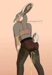 2022 anthro apex_(artist) bodily_fluids bra clothing embarrassed female genital_fluids hi_res lagomorph legwear leporid mammal omorashi panties pantyhose peeing peeing_self peeing_through_clothing pink_background rabbit rear_view simple_background solo standing standing_pee underwear urinating urinating_female urination urine urine_stream wet wet_clothing wet_panties wet_underwear wetting