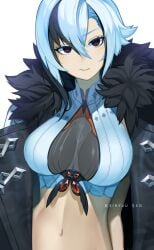 1girls absurdres arlecchino_(genshin_impact) ass_visible_through_thighs bare_shoulders big_breasts black_eyes black_hair blue_eyes blue_hair breasts cleft_of_venus coat collarbone embarrassed female fur_coat fur_trim genshin_impact highres keiryuu_seo large_breasts light_smile looking_at_viewer multicolored_hair navel nipples nude nude_female off_shoulder presenting pussy red_pupils short_hair simple_background solo streaked_hair symbol-shaped_pupils thick_thighs thighs undressing white_body white_hair white_skin x-shaped_pupils