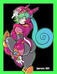 1girls big_ass big_breasts blue_eyes green_hair leotard long_hair marino mega_man mega_man_x pumpkinsareholy smirk solo tagme