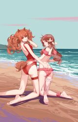 2girls angelina_(arknights) angelina_(summer_flowers)_(arknights) animal_ears arknights artist_request ass back_cutout bare_back barefoot beach big_ass bikini breasts brown_hair eyjafjalla_(arknights) eyjafjalla_(summer_flowers)_(arknights) female female_only flower_in_hair frilled_bikini hand_in_panties hand_on_another's_ass hand_on_ass highres horns kneeling legs light-skinned_female long_hair looking_at_viewer looking_back medium_hair nose one-piece_swimsuit outdoors outside pink_bikini pink_bra pink_eyes pink_panties pink_swimsuit red_eyes red_swimsuit sea smile swimsuit tail thigh_strap twintails