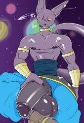 anthro artisticwolfie athletic athletic_male balls beerus bodily_fluids boner clothed clothing domestic_cat dragon_ball dragon_ball_super erection felid feline felis foreskin genital_fluids genitals hairless hairless_cat half-erect hi_res holding_penis male male_only mammal nipples partially_clothed penis precum presenting presenting_penis retracted_foreskin solo sphynx_(cat) sweat sweaty_balls sweaty_genitalia tsukielewds