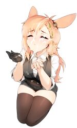 animal_ears arknights black_gloves black_shorts black_thighhighs black_vest blonde_hair blush braid closed_eyes commentary cum cum_on_hair facial female female_only full_body gloves highres kroos_(arknights) kroos_the_keen_glint_(arknights) long_hair long_sleeves pov ricegnat seiza shirt short_shorts shorts side_braid simple_background single_glove sitting sleeves_rolled_up solo thighhighs vest white_background white_shirt wing_collar