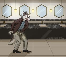 2022 anthro apex_(artist) bathroom bodily_fluids bottomwear canid canine canis clothing dress_pants dress_shirt dress_shoes genital_fluids hi_res holding_crotch hunched_over male male_only mammal mirror omorashi pants shirt sink solo suit_jacket sweat sweatdrop topwear urine wet wet_bottomwear wet_clothing wet_pants wetting wolf