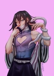 alinaazac alternate_costume alternate_version_available bandages black_hair cleavage_cutout demon_slayer haori heterochromia iguro_obanai kaburamaru kimetsu_no_yaiba looking_at_viewer male male_only medium_hair mouth_mask muscular muscular_male off_shoulder purple_background skin_tight sleeveless_shirt snake solo tight_clothing uniform