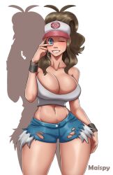 2022 artist_name big_breasts black_pupils blue_eyes blush breasts brown_hair clenched_teeth digital_media_(artwork) female female_only hair hat hilda_(pokemon) human jean_shorts looking_at_viewer maispy navel nintendo one_eye_closed pokemon ripped_shorts shorts solo solo_female standing tagme teeth white_background white_sclera wristwear