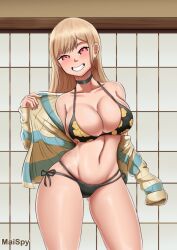 2022 artist_name big_breasts bikini bikini_bottom bikini_top black_pupils blonde_female blonde_hair blush breasts choker clenched_teeth digital_media_(artwork) eyebrows eyelashes female female_only gyaru kitagawa_marin looking_at_viewer maispy navel red_eyes smile smiling_at_viewer solo solo_female sono_bisque_doll_wa_koi_wo_suru standing sweater tagme white_sclera