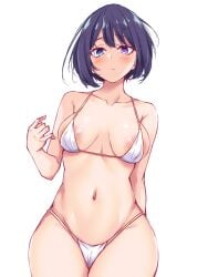 areola_slip bikini blue_eyes blush covered_nipples female heterochromia looking_at_viewer navel original purple_eyes purple_hair short_hair simple_background solo suterii swimsuit white_background white_bikini