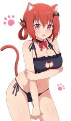 animal_ears bat_hair_ornament black_bra black_choker black_panties bow bowtie bra breasts cat_cutout cat_ear_panties cat_ears cat_lingerie cat_tail choker cleavage_cutout clothing_cutout commentary_request female gabriel_dropout hair_ornament hair_rings highres kemonomimi_mode kurumizawa_satanichia_mcdowell large_breasts looking_at_viewer meme_attire navel nyaroon oerba_yun_fang onidere open_mouth panties pink_eyes red_bow red_bowtie red_hair red_ribbon repost ribbon satanichia_kurumizawa_mcdowell side-tie_panties simple_background solo tail underwear underwear_only white_background