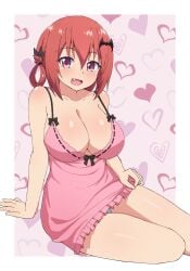 :d bad_id bad_pixiv_id bat_hair_ornament black_bow blue_panties blush bow breasts dress female frills gabriel_dropout hair_between_eyes hair_ornament hair_rings heart highres kurumizawa_satanichia_mcdowell large_breasts lingerie long_hair looking_at_viewer nightgown nyaroon oerba_yun_fang onidere open_mouth panties pink_dress purple_eyes red_hair satanichia_kurumizawa_mcdowell sitting smile solo strap_gap thighs underwear yokozuwari