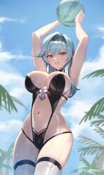 1girls 2022 arms_up asymmetrical_hair beach belly_button blue_hair breasts cuboon eula_(genshin_impact) female female_only genshin_impact hips holding_object large_breasts light-skinned_female light_skin long_hair looking_at_viewer outdoors slim_waist smile thick_thighs thighs water wet wet_body wide_hips