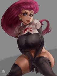 1girls 2022 alamanderarts black_shirt black_thighhighs black_undershirt blue_eyes breasts clothed clothed_female crop_top female female_only hips huge_breasts jessie_(pokemon) latex_thighhighs long_hair nintendo nipples_visible_through_clothing pokemon pokemon_(anime) red_hair rubber_thigh_highs slim_waist solo team_rocket thick_thighs thighhighs thighs wide_hips