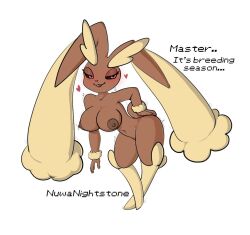 anthro artist_name big_breasts breasts brown_fur dialogue english_text erect_nipples female hand_on_hip heart lopunny nintendo nipples nuwa_nightstone_(artist) nuwanightstone pink_eyes pokémon_(species) pokemon pokemon_(species) seductive tagme text white_background yellow_fur