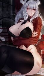 1girls arms_crossed arms_crossed_under_breasts big_breasts books breasts clothing demon demon_girl drink female female_only glass helltaker horns indoors light-skinned_female light_skin looking_at_viewer lucifer_(helltaker) march_ab necktie raining red_eyes sitting smile solo solo_female tail thick_thighs thighhighs white_hair wide_hips window wine