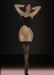 3d 3d_(artwork) ada_wong ada_wong_(adriana) black_choker bottomless capcom clitoral_hood clitoris clock female geone1 golden_bracelets lace_stockings no_panties oiled_skin posing resident_evil resident_evil_2 resident_evil_2_remake solo solo_female