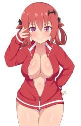 bad_id bad_pixiv_id bangs bat_hair_ornament blush breasts cleavage closed_mouth collarbone cowboy_shot cute english_commentary female gabriel_dropout hair_between_eyes hair_ornament hair_rings hand_on_hip hand_up highres jacket kurumizawa_satanichia_mcdowell large_breasts long_sleeves looking_at_viewer mixed-language_commentary navel nervous_smile no_bra no_pants nyaroon oerba_yun_fang onidere open_clothes open_jacket panties purple_eyes purple_panties red_hair red_jacket satanichia_kurumizawa_mcdowell shiny shiny_hair shiny_skin simple_background skin_fang sleeves_past_wrists solo thighs underwear unzipped white_background wide_hips zipper zipper_pull_tab