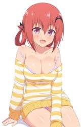 bangs bare_shoulders bat_hair_ornament blush bra bra_strap breasts cleavage collarbone commentary_request female gabriel_dropout hair_between_eyes hair_ornament highres kurumizawa_satanichia_mcdowell large_breasts long_sleeves looking_at_viewer nyaroon oerba_yun_fang off-shoulder_shirt off_shoulder onidere open_mouth panties pink_eyes purple_panties red_hair satanichia_kurumizawa_mcdowell shirt simple_background sitting smile solo strap_slip striped striped_shirt thighs underwear white_background