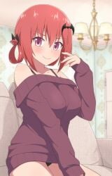 bangs bare_shoulders bat_hair_ornament black_bra black_panties blush bra breasts closed_mouth collarbone couch female gabriel_dropout hair_between_eyes hair_ornament hair_rings hand_up highres indoors kurumizawa_satanichia_mcdowell large_breasts long_hair long_sleeves looking_at_viewer nyaroon off-shoulder_sweater off_shoulder on_couch onidere panties pink_eyes raised_eyebrows red_hair satanichia_kurumizawa_mcdowell shiny shiny_hair sitting sleeves_past_wrists smile solo sweater thighs underwear