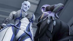 2girls 3d 3d_(artwork) alien alien_girl asari ass big_ass big_breasts blue_skin envlight female female_only giantess liara_t'soni low-angle_view mass_effect mass_effect_2 mass_effect_3 multiple_girls quarian tali'zorah_nar_rayya tight_clothing