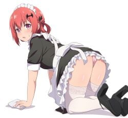 all_fours alternate_costume ass commentary enmaided female gabriel_dropout hair_rings high_heels highres kurumizawa_satanichia_mcdowell looking_at_viewer maid maid_headdress nyaroon oerba_yun_fang onidere panties pantyshot pink_eyes pink_panties red_hair satanichia_kurumizawa_mcdowell solo sweatdrop thighhighs underwear white_background white_thighhighs