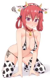 animal_ears animal_print bad_id bad_pixiv_id bangs bare_shoulders bat_hair_ornament bell bikini breasts collar collarbone cow_ears cow_horns cow_print cowbell ear_tag fake_animal_ears fake_horns female gabriel_dropout hair_between_eyes hair_ornament hair_rings highres horns kurumizawa_satanichia_mcdowell large_breasts looking_at_viewer navel neck_bell nyaroon pink_eyes red_hair satanichia_kurumizawa_mcdowell shiny shiny_hair side-tie_bikini solo sweatdrop swimsuit thighhighs thighs white_background