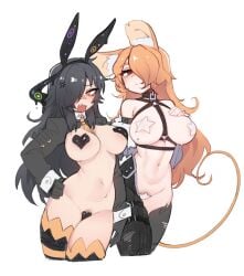 2girls anger_vein animal_ear_fluff animal_ears between_breasts black_hair black_hairband breasts bunny_ears closed_mouth cropped_legs fake_animal_ears female female_pubic_hair frown hairband hand_on_hip heart_pasties juliet_sleeves large_breasts long_hair long_sleeves maebari mismatched_pubic_hair mouse_ears mouse_girl mouse_tail multiple_girls navel necktie necktie_between_breasts nyong_nyong oerba_yun_fang open_mouth orange_eyes orange_hair orange_necktie orange_tail original pasties pubic_hair pubic_hair_peek puffy_sleeves rabbit_ears red_eyes simple_background star_pasties striped striped_legwear tail thighhighs white_background