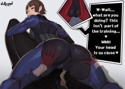 1boy 1girls absurd_res akira_kurusu ass ass_grab bubble_ass bubble_butt cameltoe clothing english_text faceless_male female grabbing grabbing_ass human light-skinned_female makoto_niijima male nidhoggn pale_skin persona persona_5 phantom_thief_suit puffy_pussy pussy pussy_juice pussy_juice_drip pussy_juice_drip_through_clothes red_eyes ren_amamiya sitting sitting_on_face sitting_on_person skin_tight text thick_thighs transparent_male wet_pussy