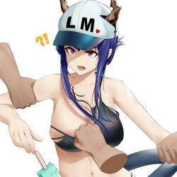 !? areola_slip arknights bare_shoulders bikini black_bikini breasts ch'en_(arknights) cleavage disembodied_limb female food hat highres horns imminent_rape long_hair navel popsicle purple_eyes purple_hair rape simple_background swimsuit torn_clothes vamjulian white_background