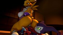 big_breasts digimon digimon_tamers dim_lighting female_fox fox imp impmon knightsfm pussy renamon reverse_cowgirl_position sex small_sub_big_dom vaginal_penetration vixen