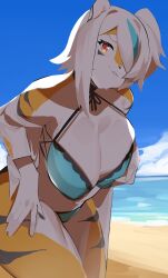 1girls anthro arknights aspirindabaitu beach big_breasts breasts female looking_at_viewer mx99926 sea solo solo_female tagme tiger tiger_girl waai_fu_(arknights) white_hair