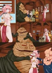 ass astolfo_(fate) bikini butt c-3po fate_(series) forced hutt jabba's_palace jabba_the_hutt leash_pull leashed pink_hair rule_63 slave_bikini slave_collar slave_leia_(cosplay) star_wars