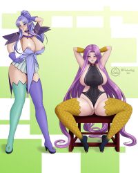 2girls areola areola_slip areolae breast_bigger_than_head chubby clothed clothing fate/grand_order fate_(series) female female_only gorgon_(fate) medea_(fate) medea_(lily) medusa_(fate) medusa_(lancer)_(fate) tagme wearing_others_clothes