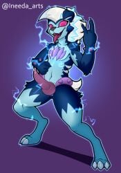 air_guitar anthro canid canine claws electricity erection feral fur fur_tuft genitals hand_gesture hi_res hybrid ineedanaccount low_key_toxtricity lycanroc male mammal midnight_lycanroc nintendo penis pokémon_(species) pokemon simple_background solo tapering_penis tongue tongue_out toxtricity tuft video_games