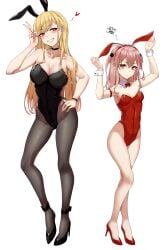 2girls animal_ears arm_strap arm_up armpits arms_up ass bare_arms bare_legs bare_shoulders bare_thighs black_choker black_footwear black_leotard blonde_female blonde_hair blush bow breasts bunny_ear bunny_ears bunny_girl bunnysuit choker cleavage closed_mouth collar collarbone cuffs detached_collar embarrassed fake_animal_ears female female_only flustered footwear frown frowning full_body grin gyaru hands_on_hips happy happy_female heart heels high_heels highleg highleg_leotard inui_sajuna jewelry kitagawa_marin large_breasts leotard long_hair looking_at_viewer mouth_closed multiple_girls pantyhose pink_eyes pink_hair playboy_bunny rabbit_ears red_eyes red_footwear red_leotard ring simple_background size_difference small_breasts smaller_female smile smiling smiling_at_viewer sono_bisque_doll_wa_koi_wo_suru squiggle standing strapless strapless_leotard taller_girl teeth teeth_clenched teeth_showing teeth_visible thighs two_side_up white_background wrist_cuffs wristband yukiaka